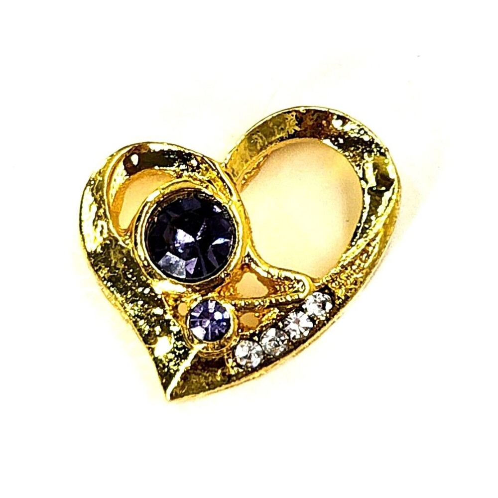Gold Heart Pendant, 18K Yellow Gold on Silver, Amethyst Stones & Pave Crystals